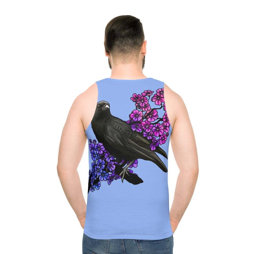Unisex tank top with a bird and floral design in bisexual pride colors