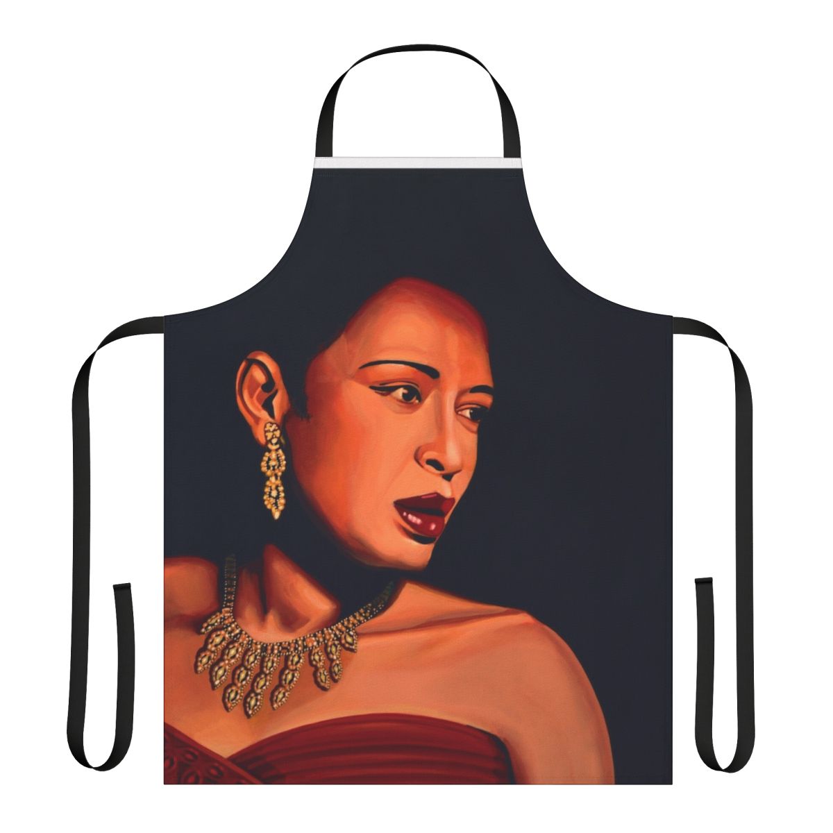 A stylish painting apron featuring the iconic image of jazz legend Billie Holiday, also known as "Lady Day".