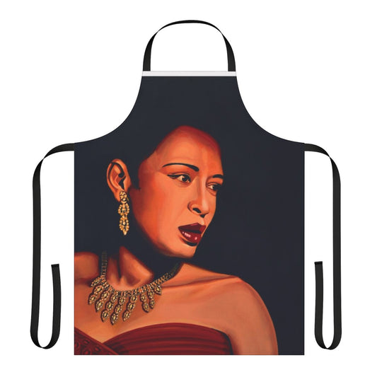 A stylish painting apron featuring the iconic image of jazz legend Billie Holiday, also known as "Lady Day".