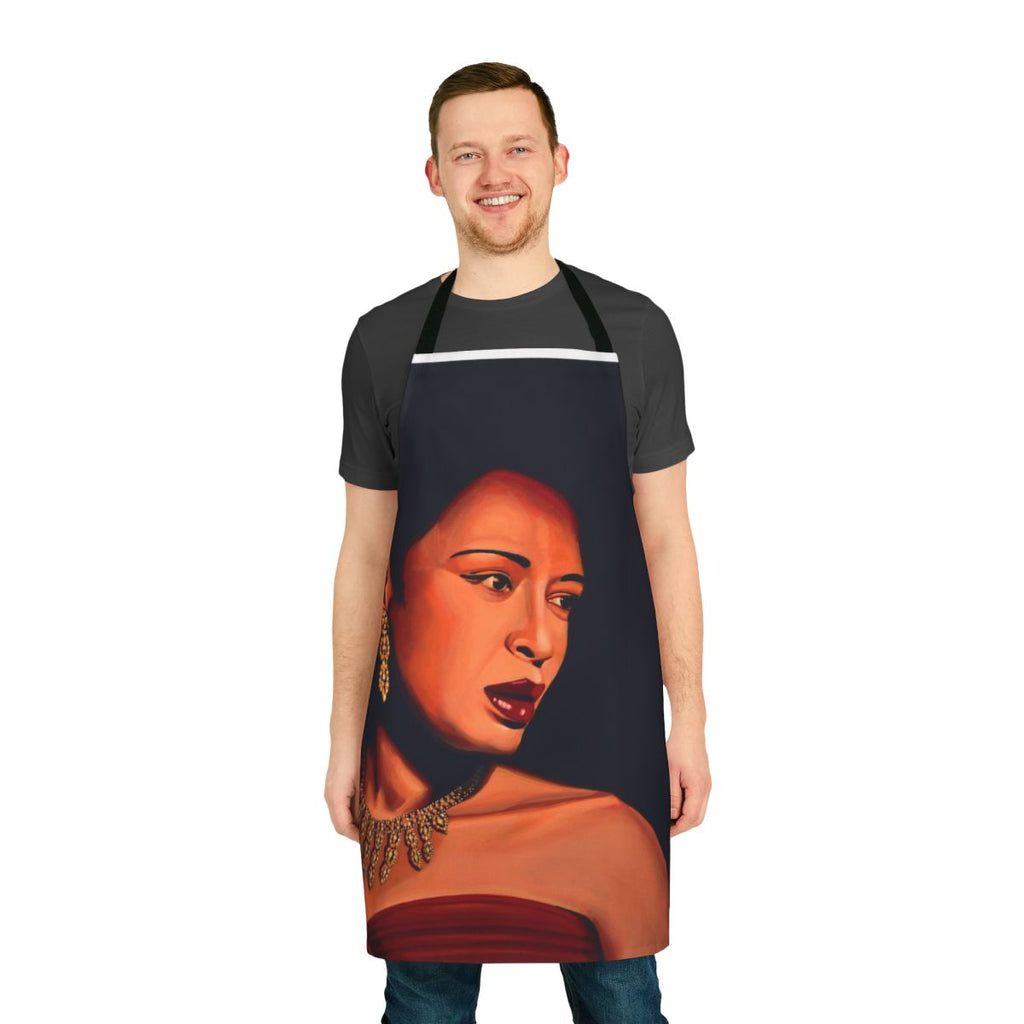 A stylish painting apron featuring the iconic image of jazz legend Billie Holiday, also known as "Lady Day".