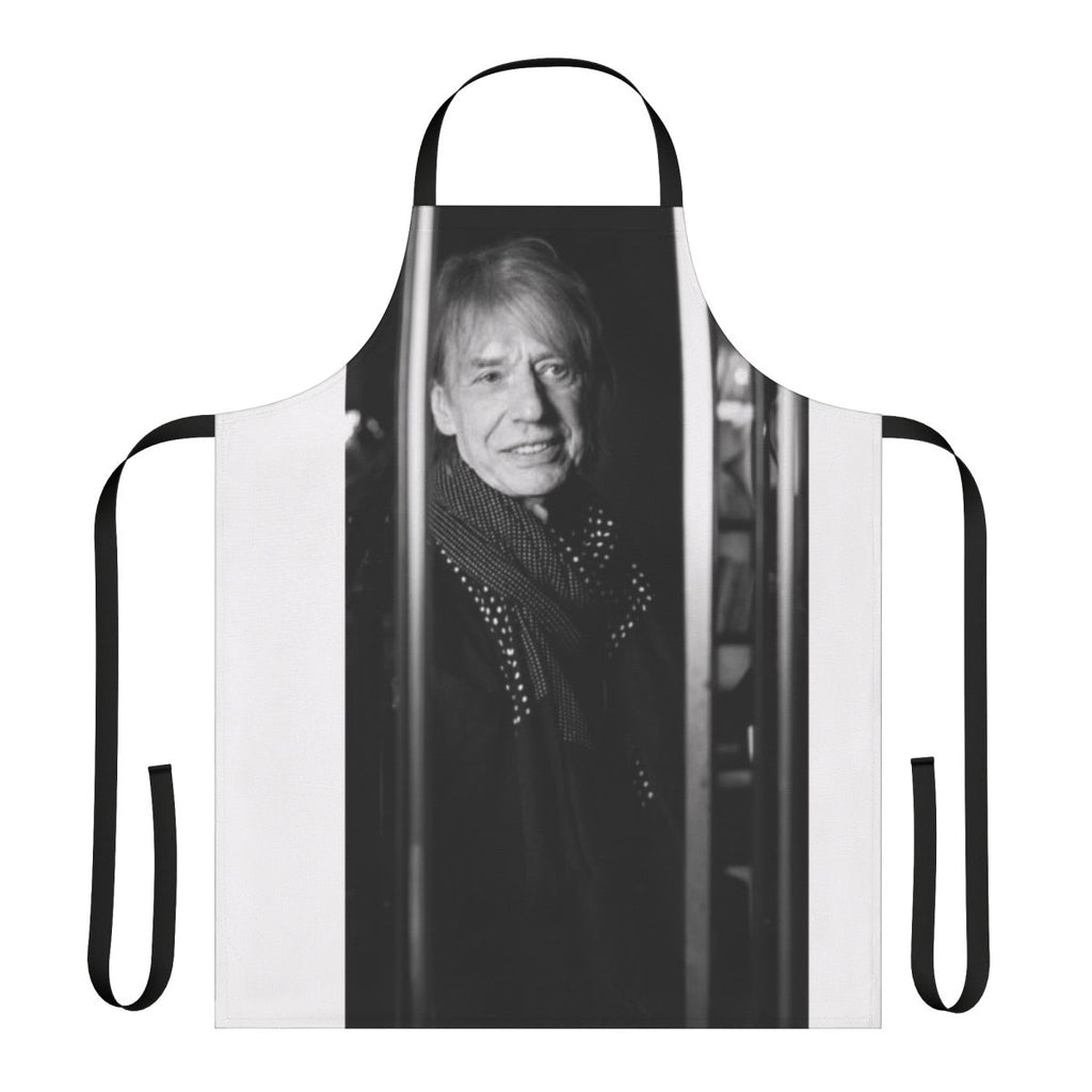 A stylish black and white portrait apron inspired by the iconic French musician Jean Louis Aubert.