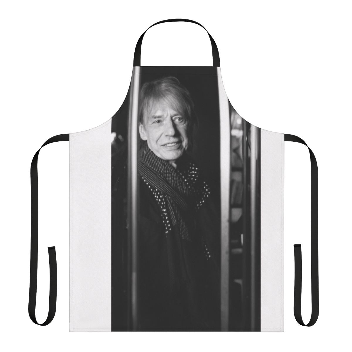 A stylish black and white portrait apron inspired by the iconic French musician Jean Louis Aubert.