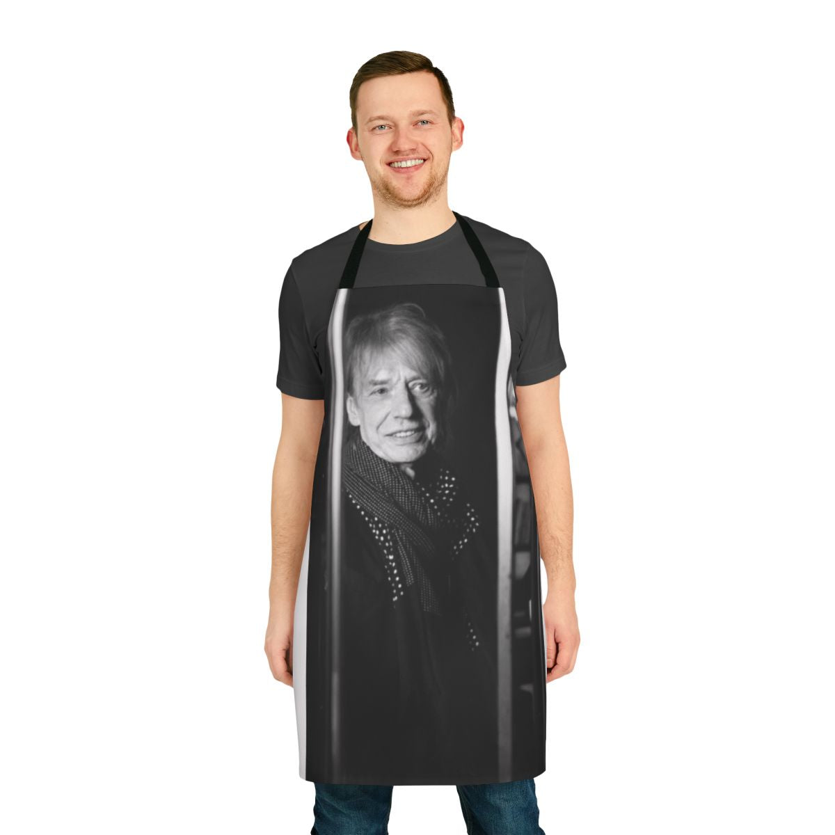 A stylish black and white portrait apron inspired by the iconic French musician Jean Louis Aubert.