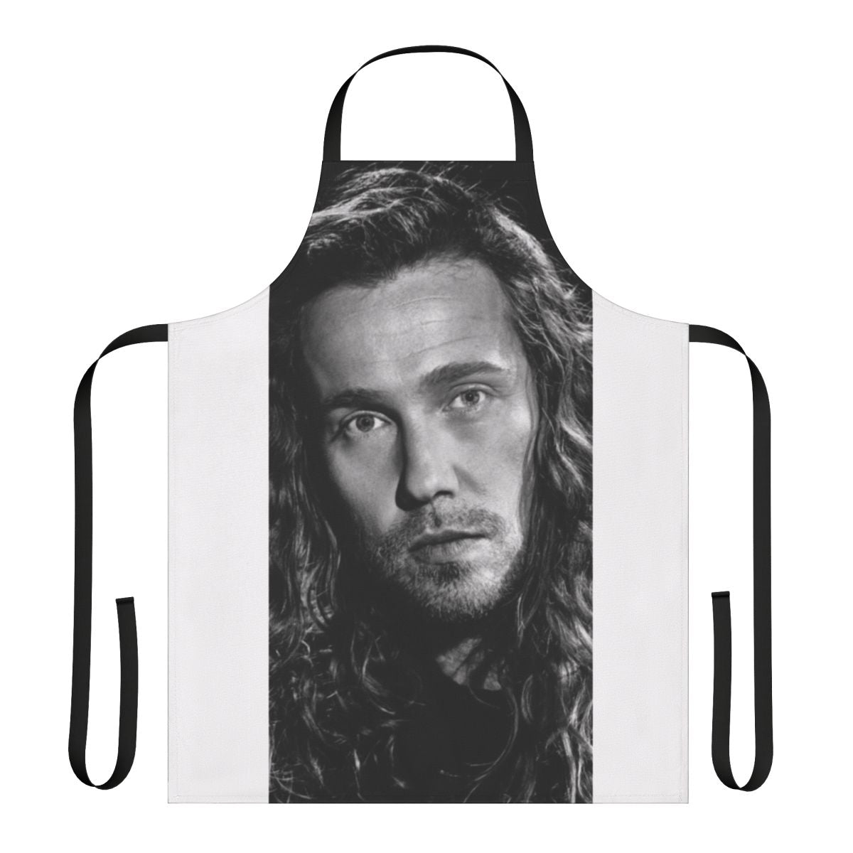 Apron featuring a black and white portrait, inspired by the work of French photographer Julien Dor.