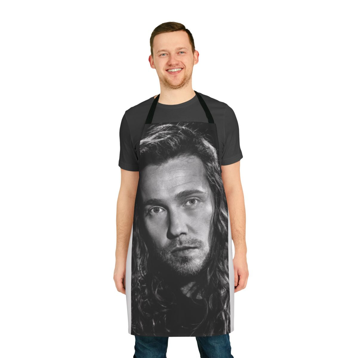 Apron featuring a black and white portrait, inspired by the work of French photographer Julien Dor.