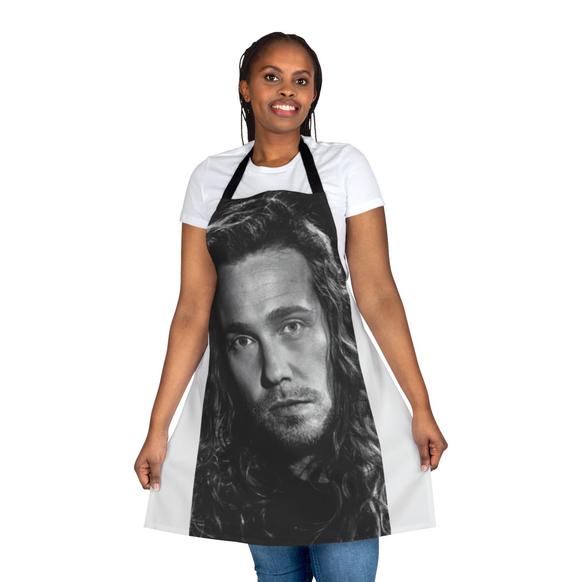Apron featuring a black and white portrait, inspired by the work of French photographer Julien Dor.