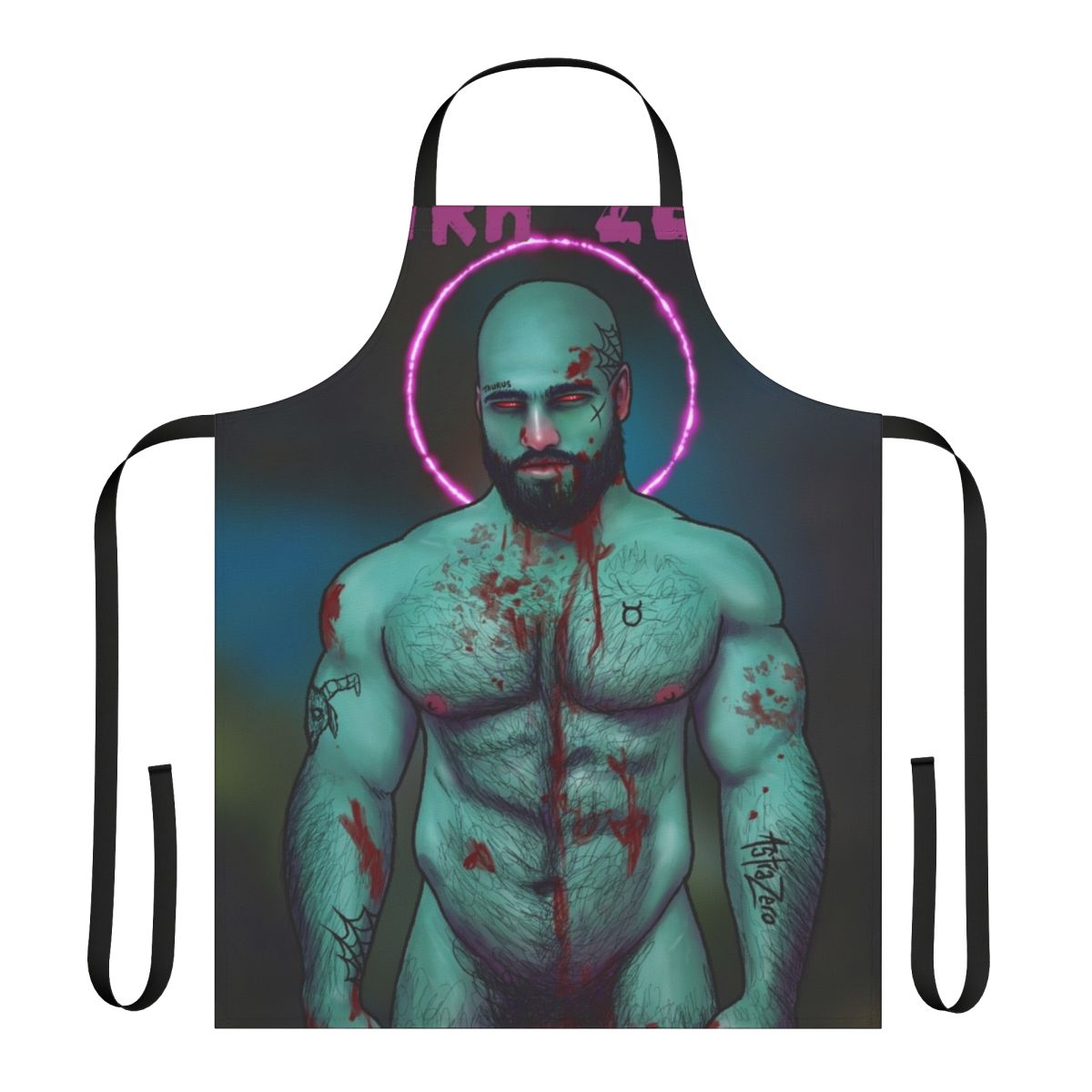 A dark and stylized apron featuring a muscular male figure in a gothic, horror-inspired design.