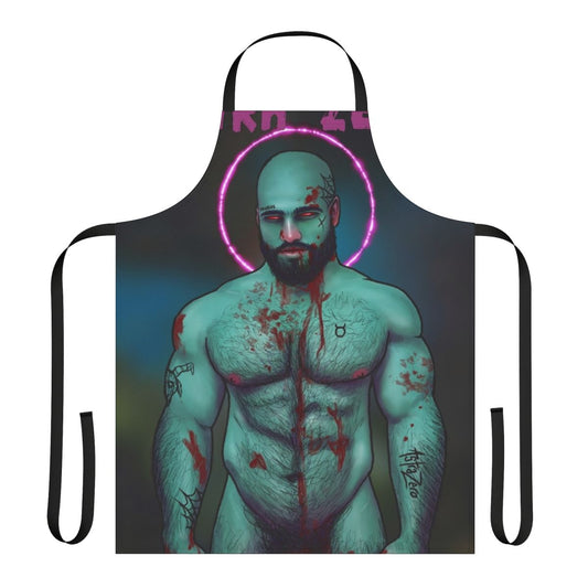 A dark and stylized apron featuring a muscular male figure in a gothic, horror-inspired design.