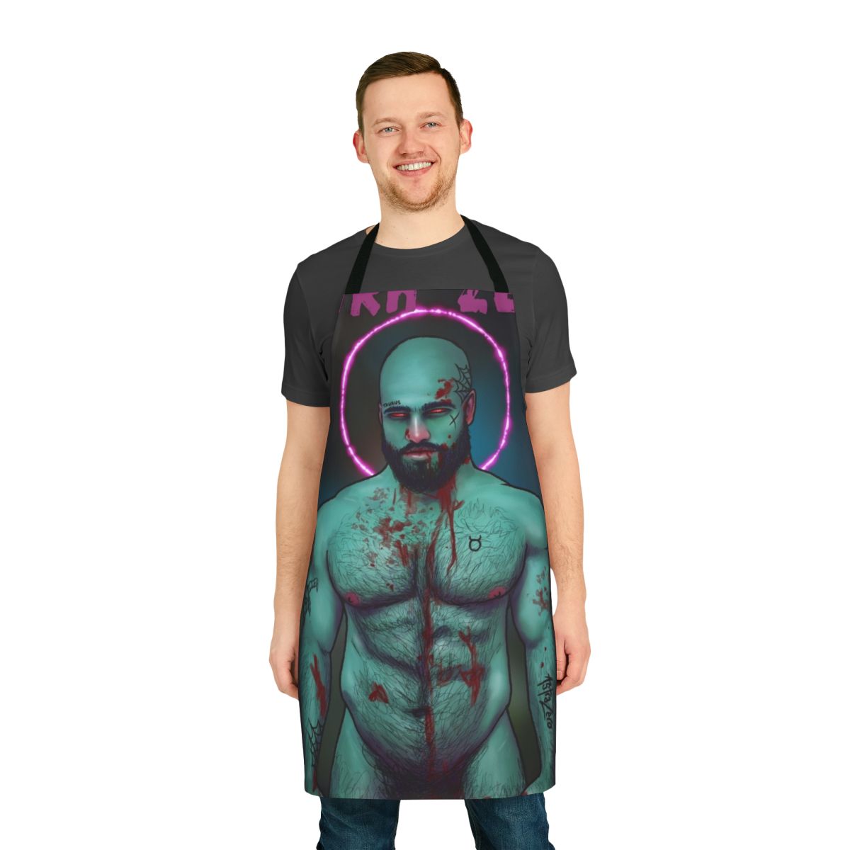 A dark and stylized apron featuring a muscular male figure in a gothic, horror-inspired design.