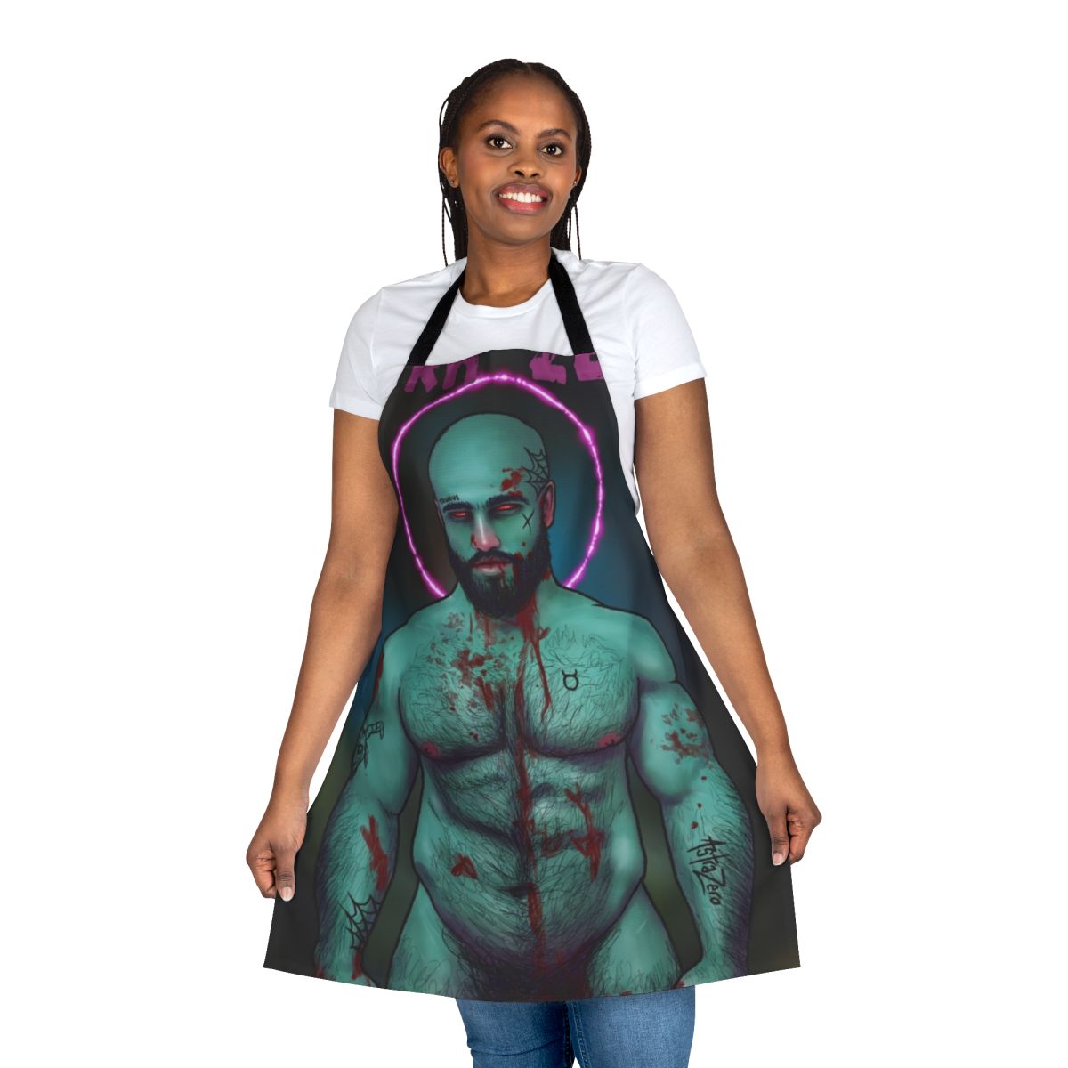 A dark and stylized apron featuring a muscular male figure in a gothic, horror-inspired design.