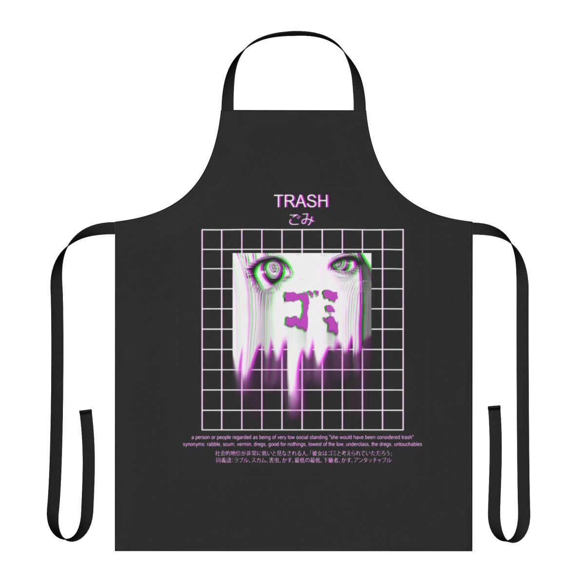 Apron featuring a Japanese anime-inspired aesthetic design with sad, grunge, and glitch elements.