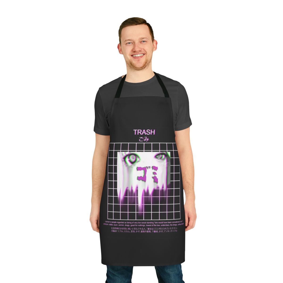 Apron featuring a Japanese anime-inspired aesthetic design with sad, grunge, and glitch elements.