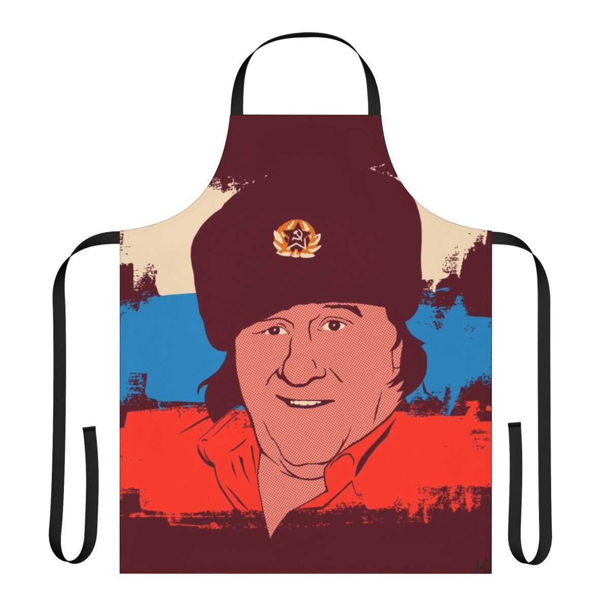 Apron featuring a contemporary vector portrait of actor Gerard Depardieu in a Russian-inspired pop art style.