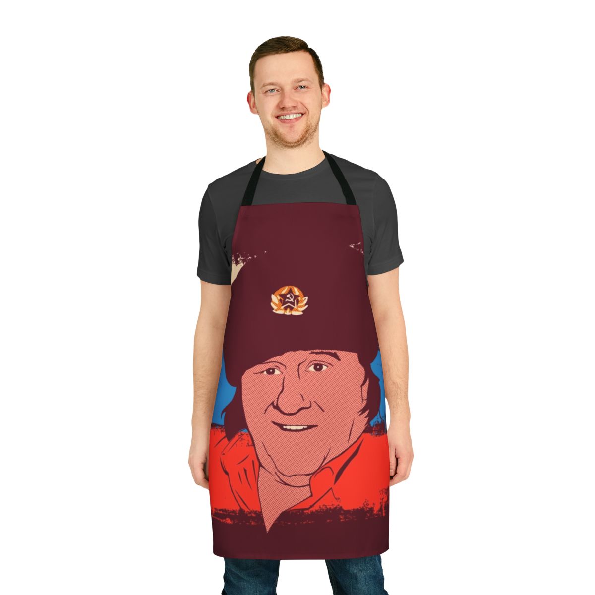 Apron featuring a contemporary vector portrait of actor Gerard Depardieu in a Russian-inspired pop art style.