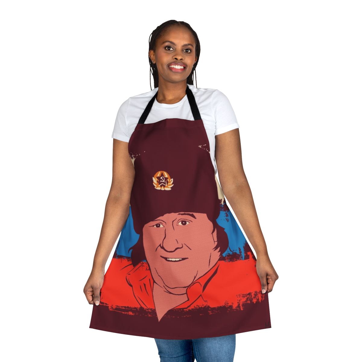 Apron featuring a contemporary vector portrait of actor Gerard Depardieu in a Russian-inspired pop art style.