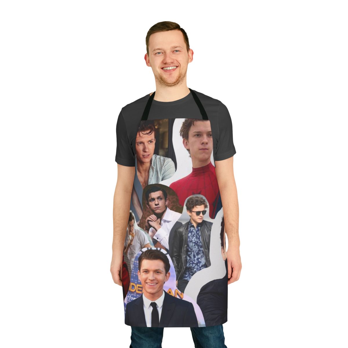 A colorful collage design featuring actor Tom Holland as the Marvel superhero Spider-Man, printed on a high-quality apron.