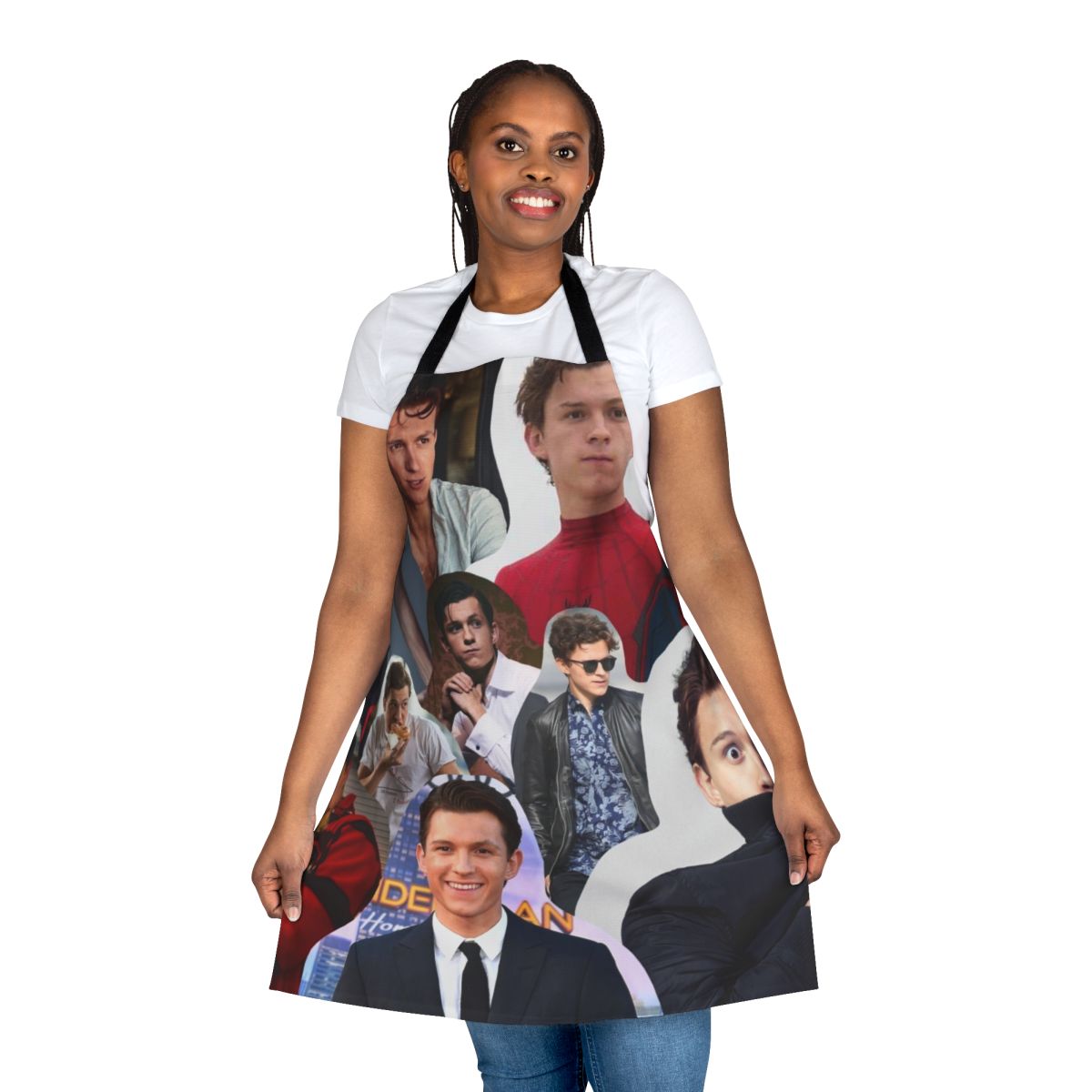 A colorful collage design featuring actor Tom Holland as the Marvel superhero Spider-Man, printed on a high-quality apron.