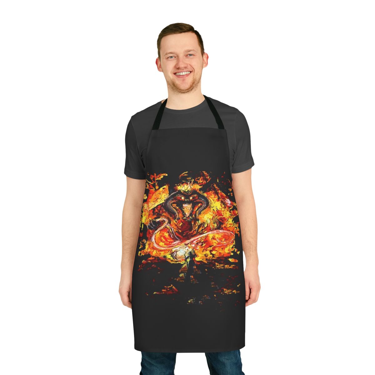A high-quality apron featuring a Van Gogh-inspired design with Lord of the Rings themes.