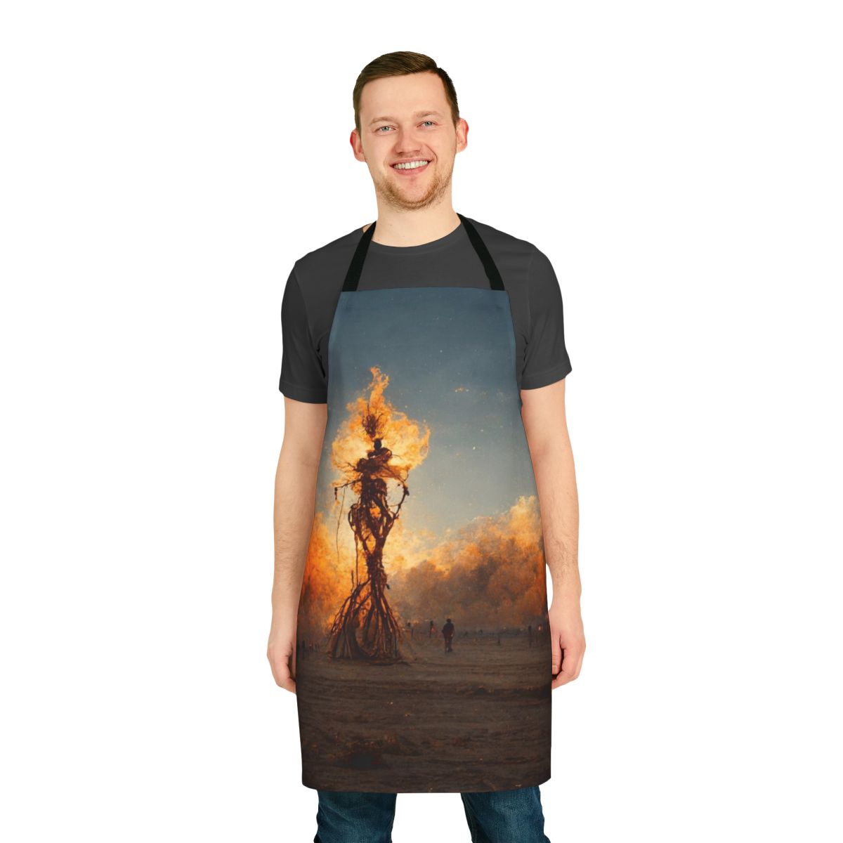 Handcrafted burner apron with flame and smoke design, perfect for Burning Man and other desert festivals
