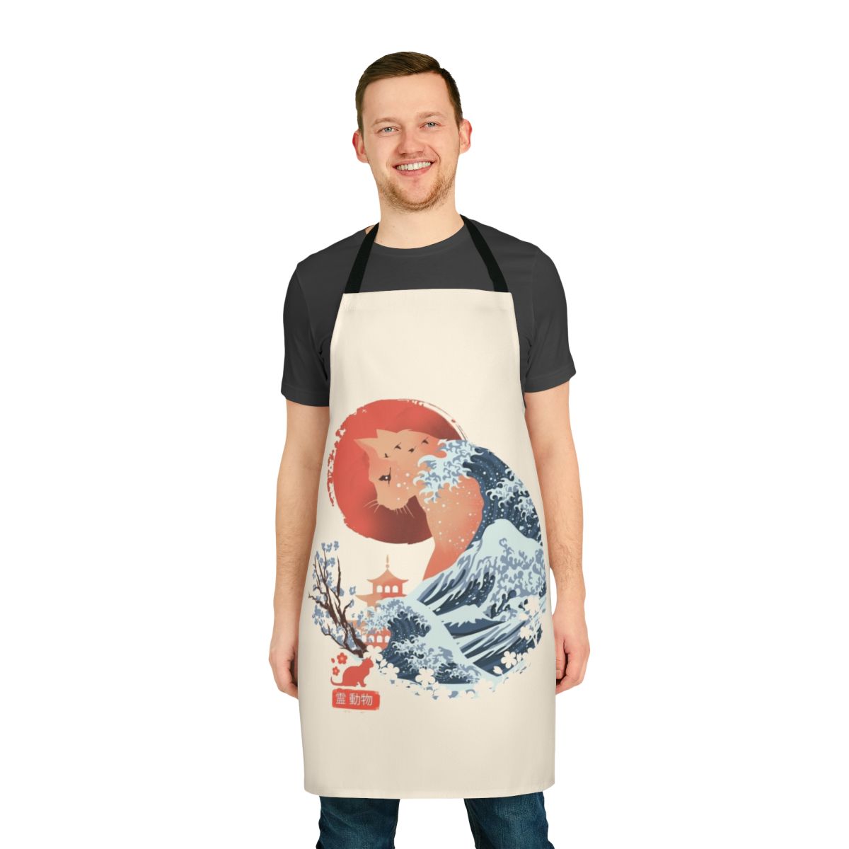 A beautiful apron featuring a cat in a Japanese ukiyo-e style illustration.