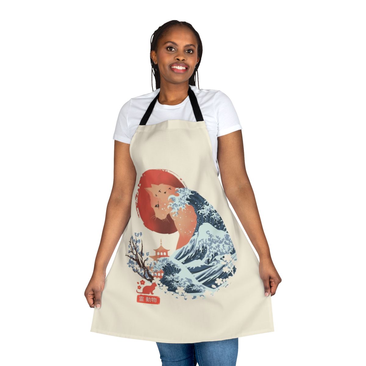 A beautiful apron featuring a cat in a Japanese ukiyo-e style illustration.