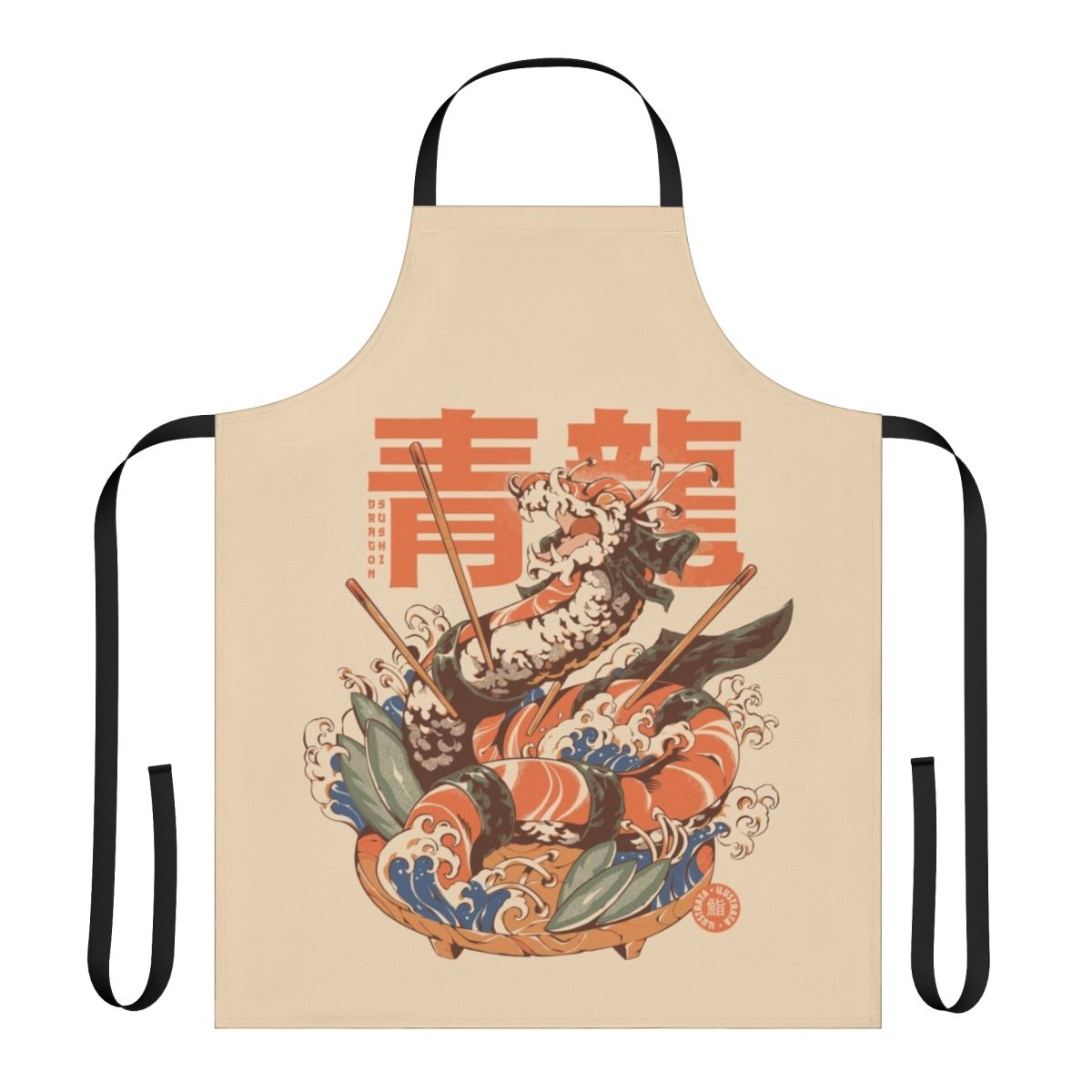 Artistic dragon sushi apron with Japanese-inspired kaiju monster and ukiyo-e wave design