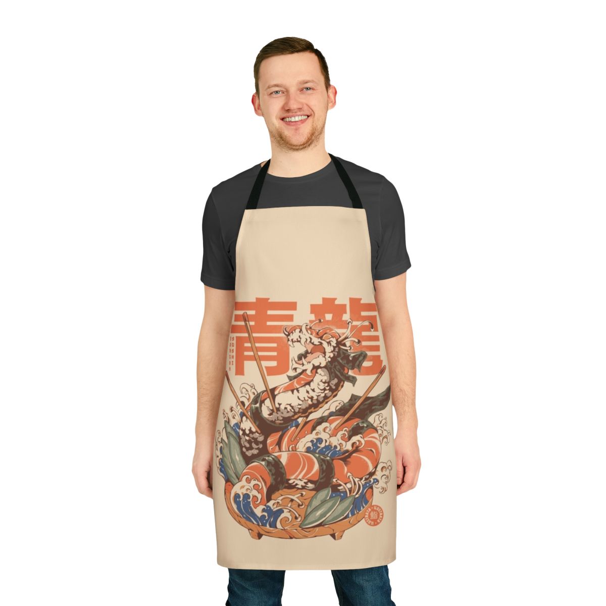 Artistic dragon sushi apron with Japanese-inspired kaiju monster and ukiyo-e wave design