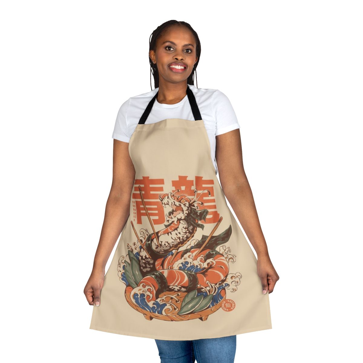 Artistic dragon sushi apron with Japanese-inspired kaiju monster and ukiyo-e wave design