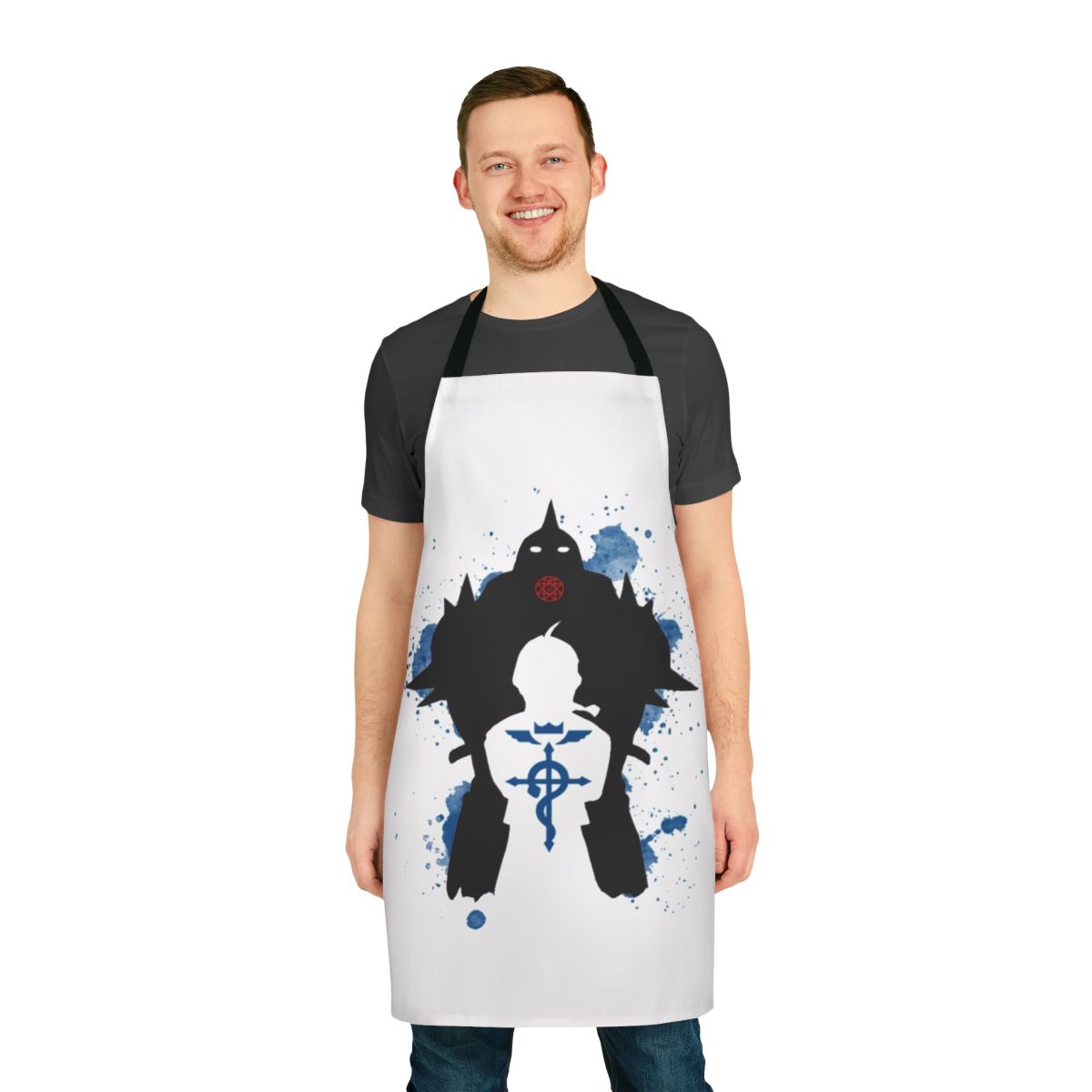 A high-quality apron featuring characters and imagery from the popular anime series Fullmetal Alchemist.