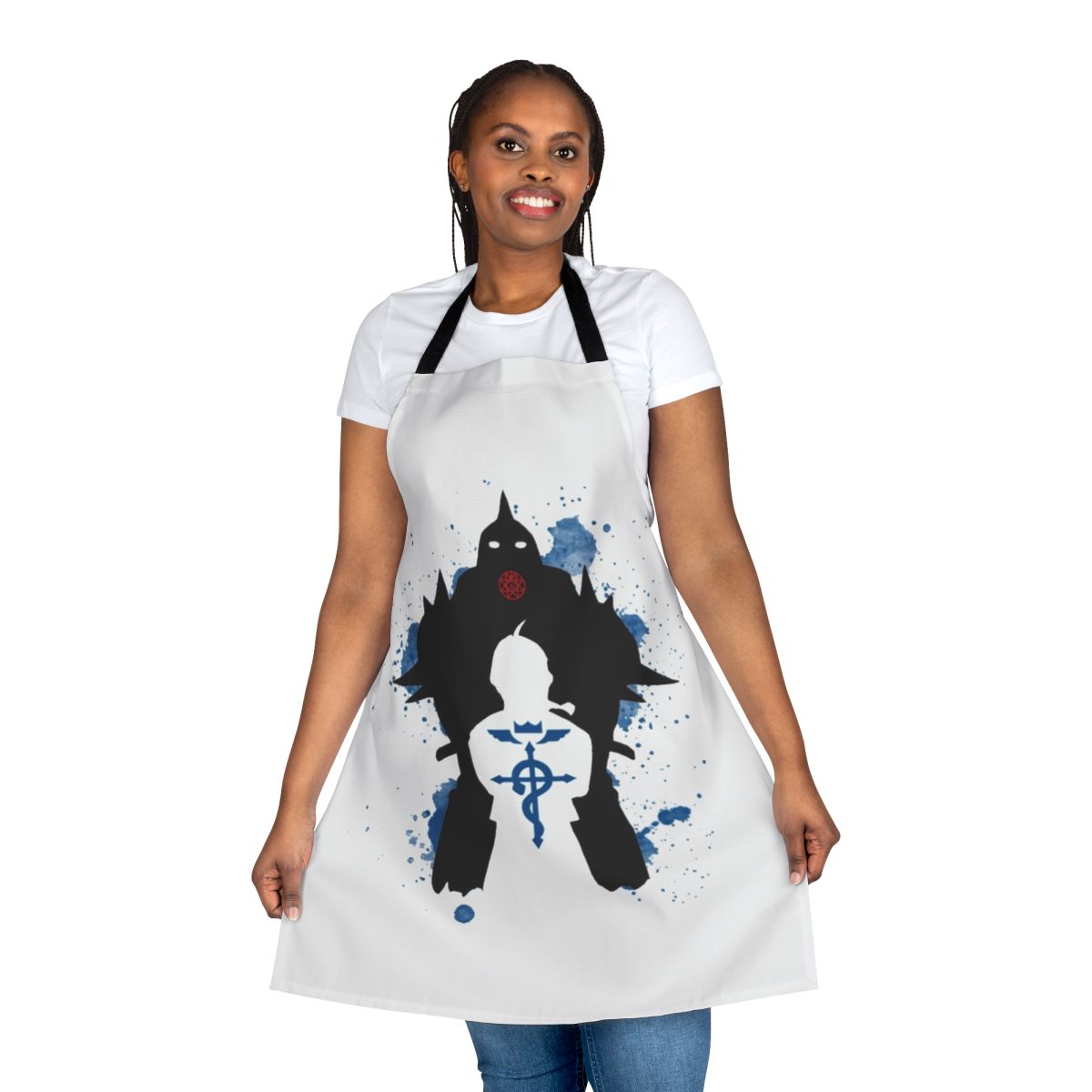 A high-quality apron featuring characters and imagery from the popular anime series Fullmetal Alchemist.