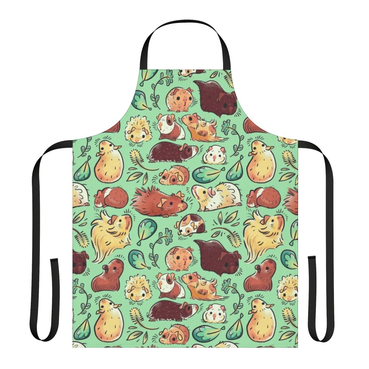 A vibrant apron featuring a pattern of adorable, huddling guinea pigs in a nature-inspired design.