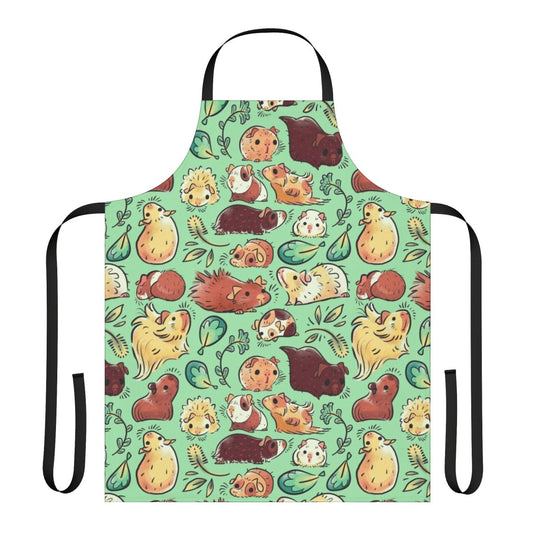 A vibrant apron featuring a pattern of adorable, huddling guinea pigs in a nature-inspired design.
