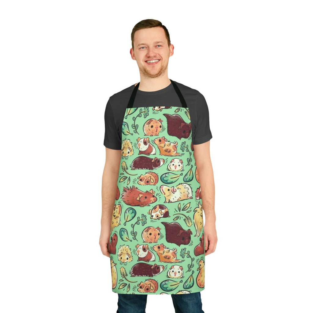 A vibrant apron featuring a pattern of adorable, huddling guinea pigs in a nature-inspired design.