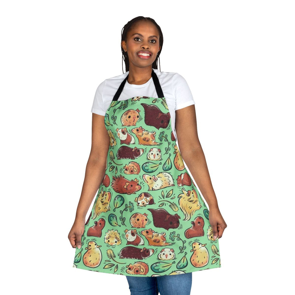 A vibrant apron featuring a pattern of adorable, huddling guinea pigs in a nature-inspired design.