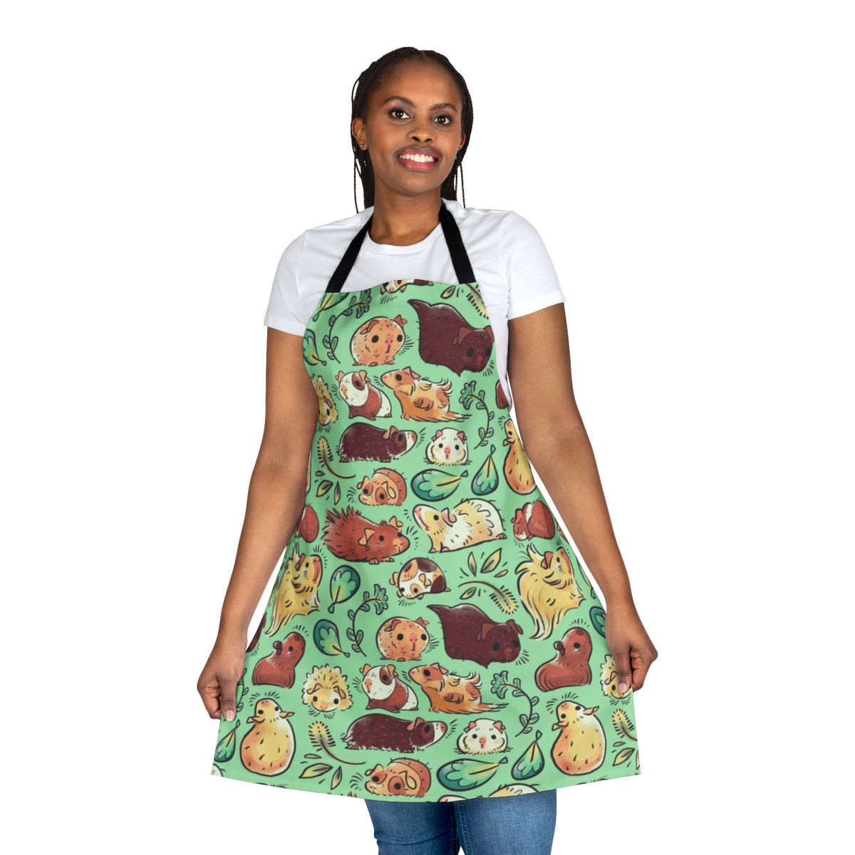 A vibrant apron featuring a pattern of adorable, huddling guinea pigs in a nature-inspired design.