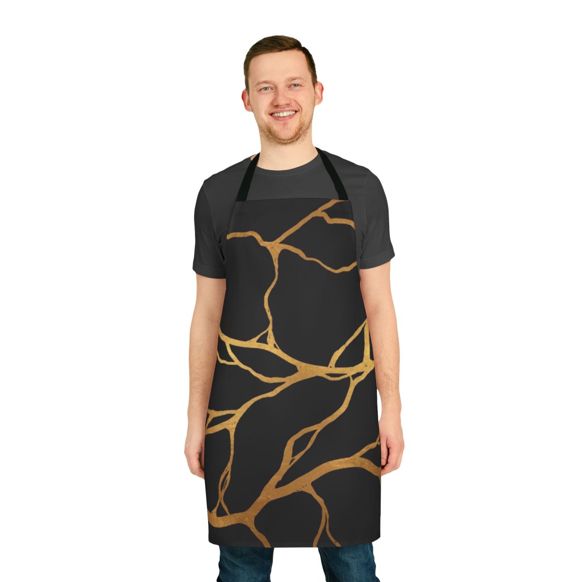 Kintsugi-inspired apron featuring a marble pattern and Japanese art elements