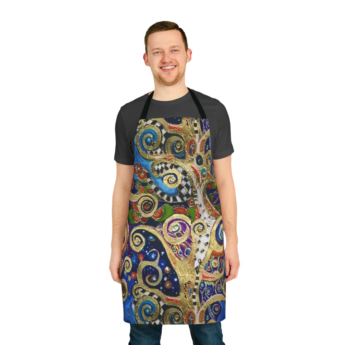 Stylized apron featuring Gustav Klimt-inspired abstract artwork