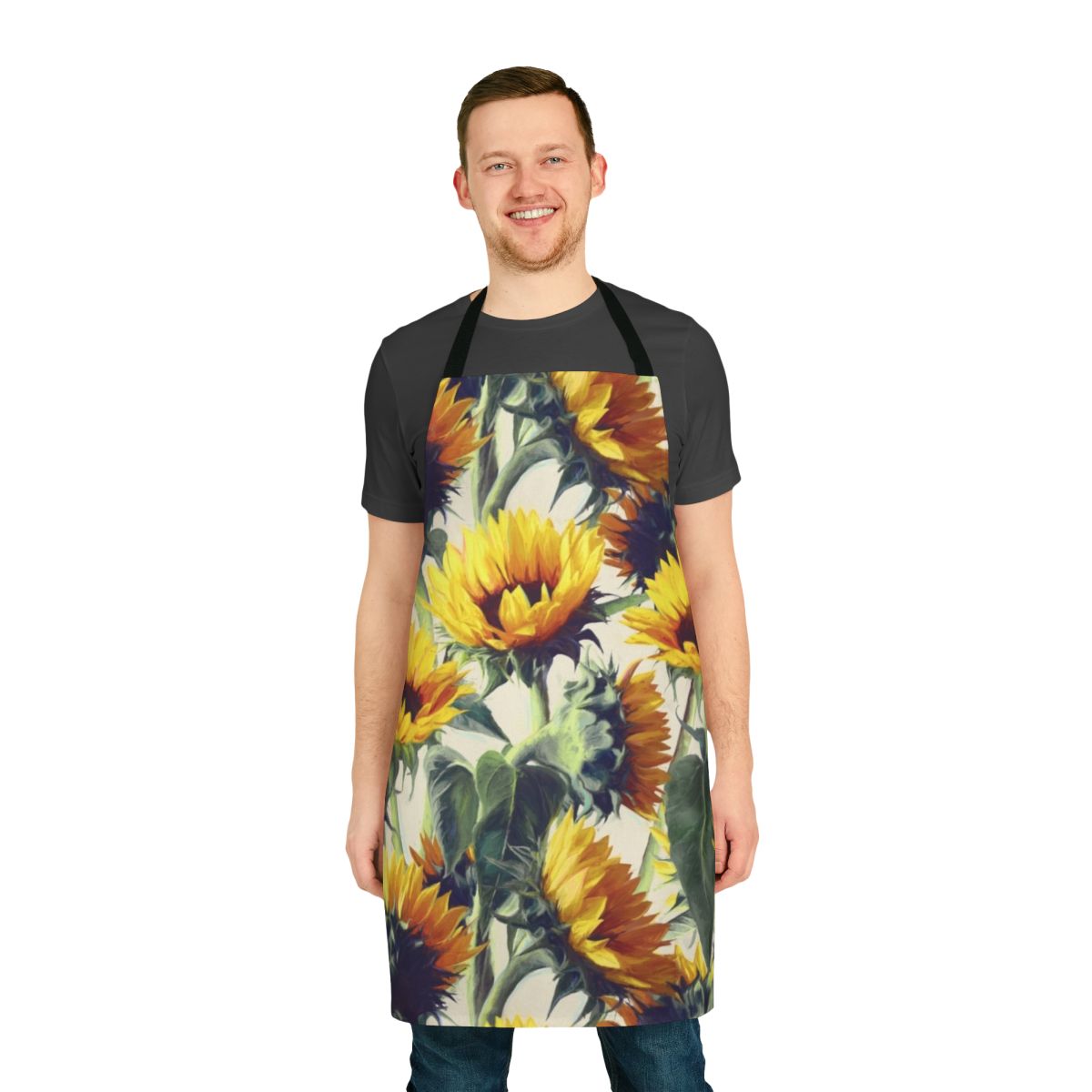 Sunflower-patterned apron with an impressionist, artistic style