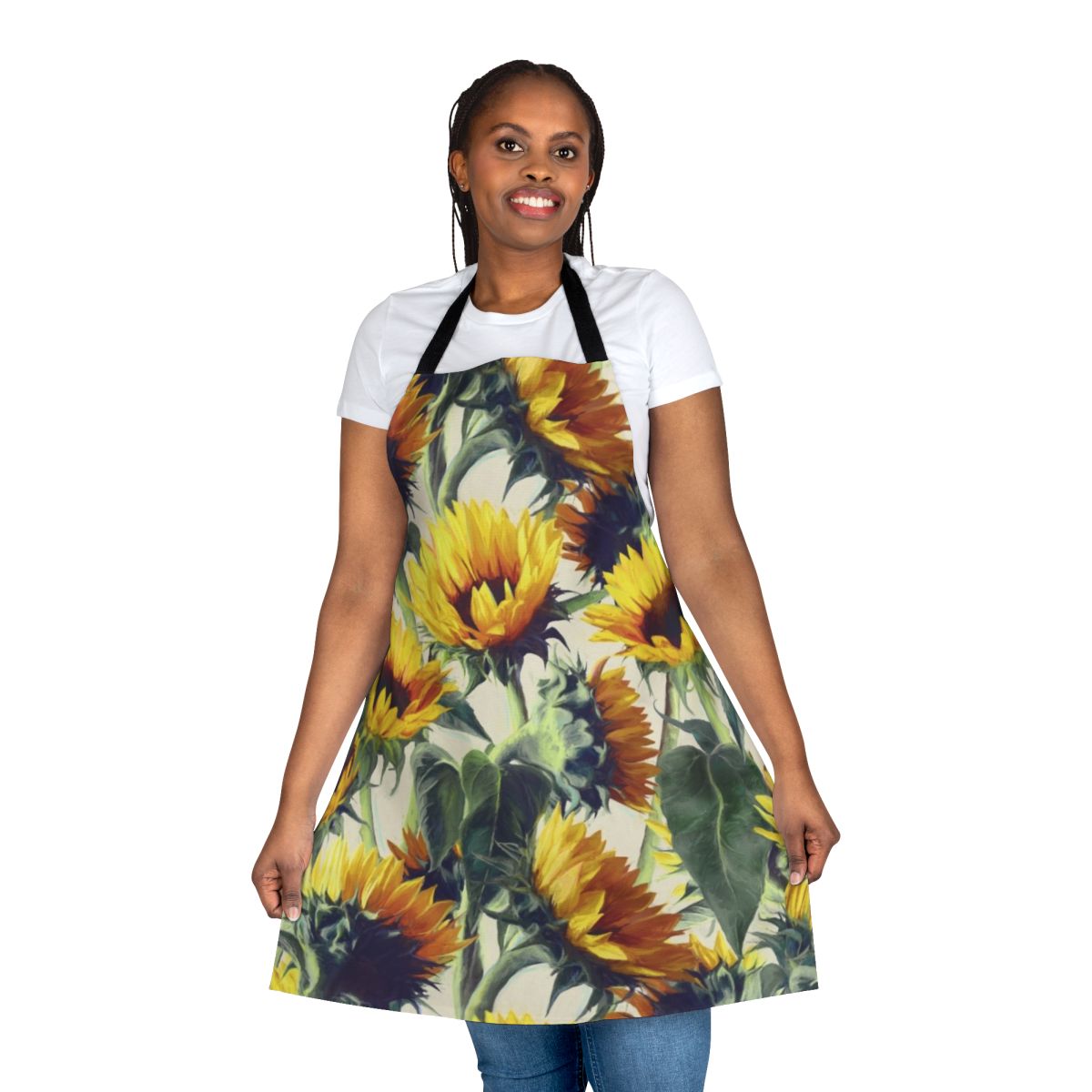 Sunflower-patterned apron with an impressionist, artistic style