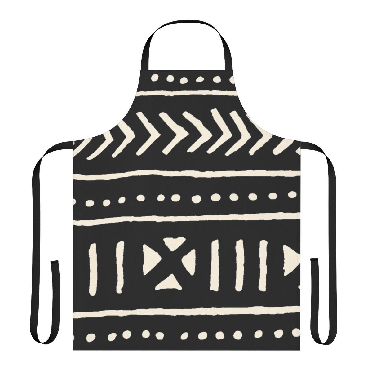 Black and white patterned apron with traditional African mud cloth design