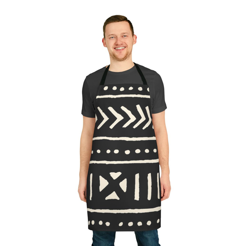 Black and white patterned apron with traditional African mud cloth design