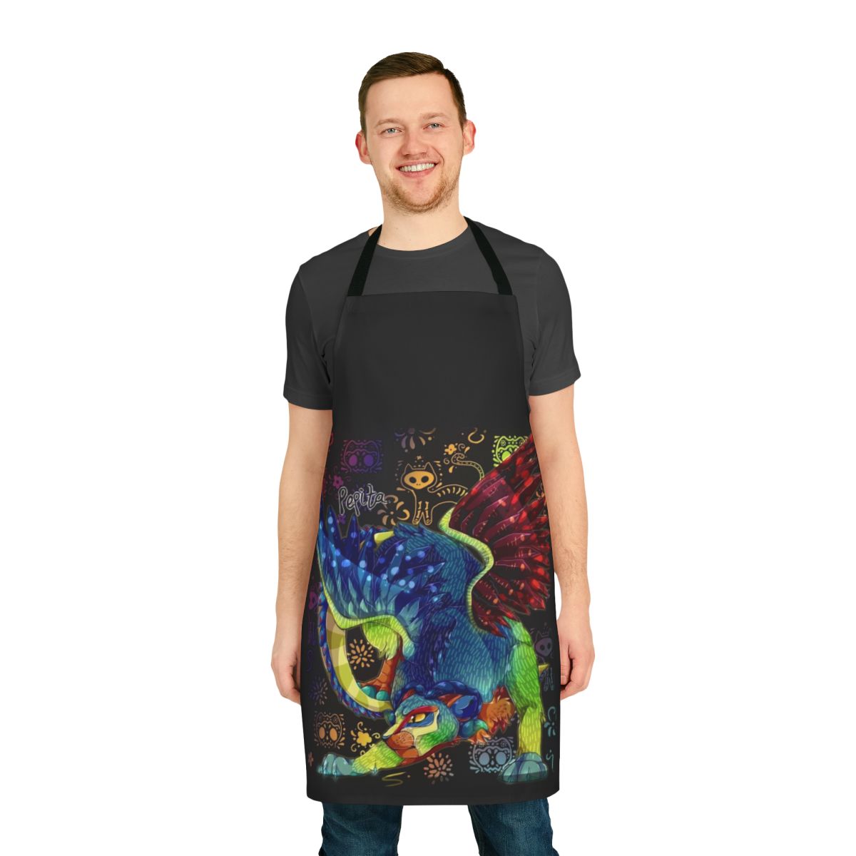 Handcrafted alebrije-style apron featuring a vibrant, folkloric design