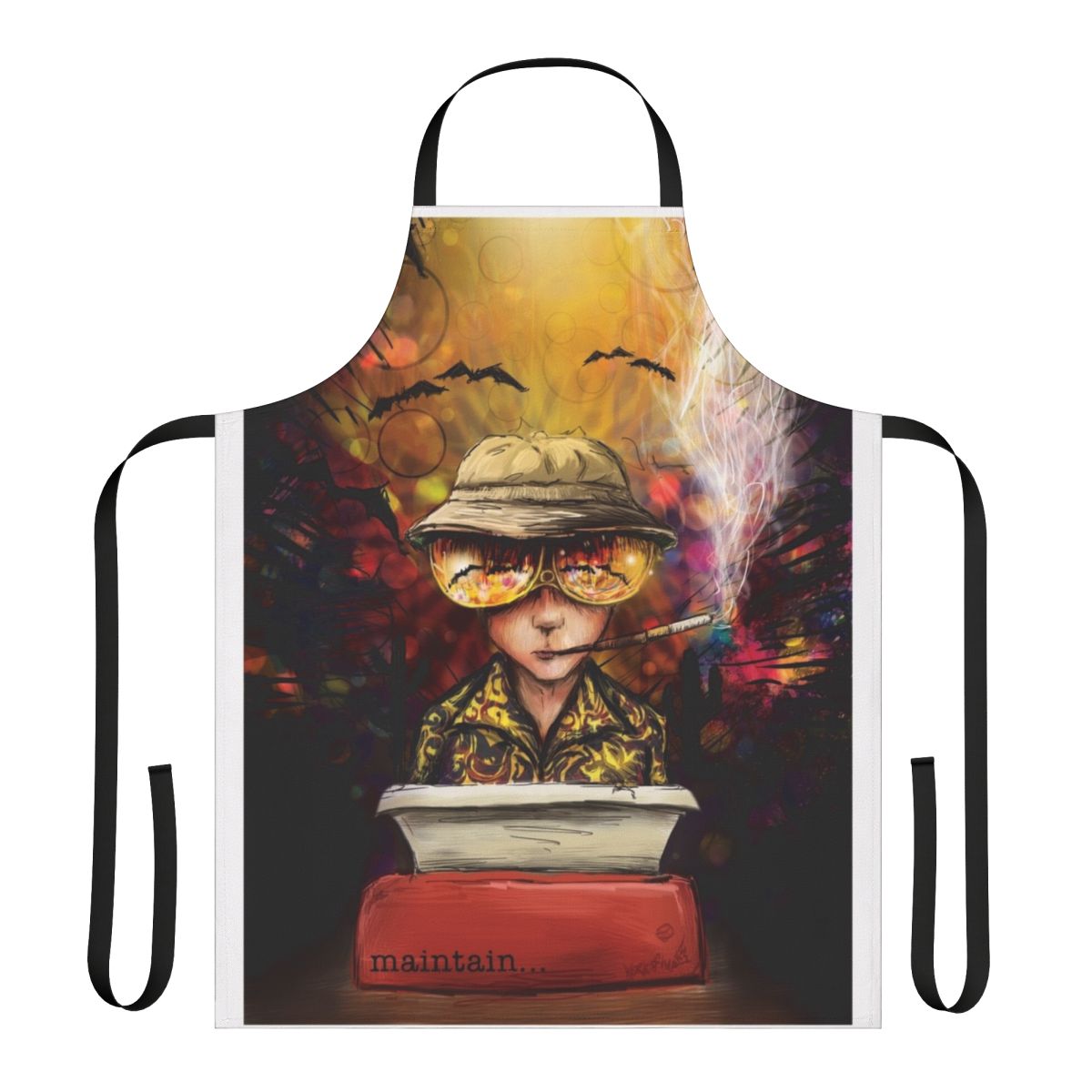 Apron featuring surreal imagery and text inspired by the writings of Hunter S. Thompson.