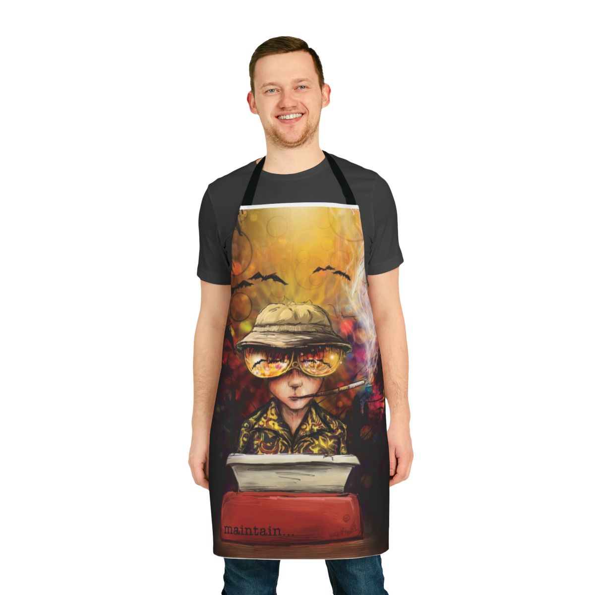 Apron featuring surreal imagery and text inspired by the writings of Hunter S. Thompson.