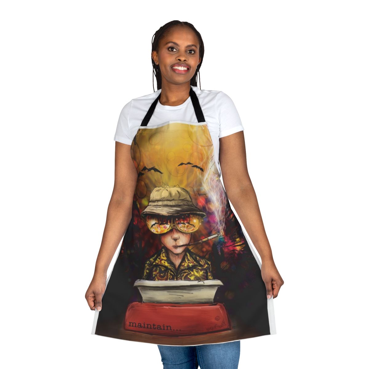Apron featuring surreal imagery and text inspired by the writings of Hunter S. Thompson.