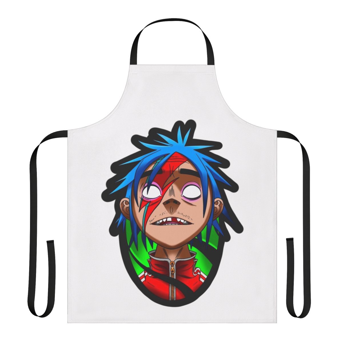Stylish 2D apron featuring a pop art design inspired by musicians like David Bowie and Gorillaz.