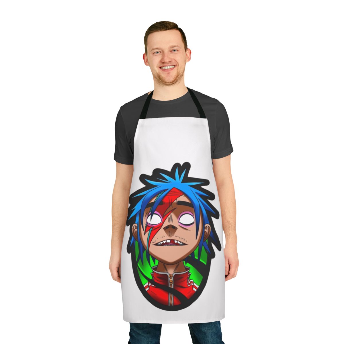 Stylish 2D apron featuring a pop art design inspired by musicians like David Bowie and Gorillaz.