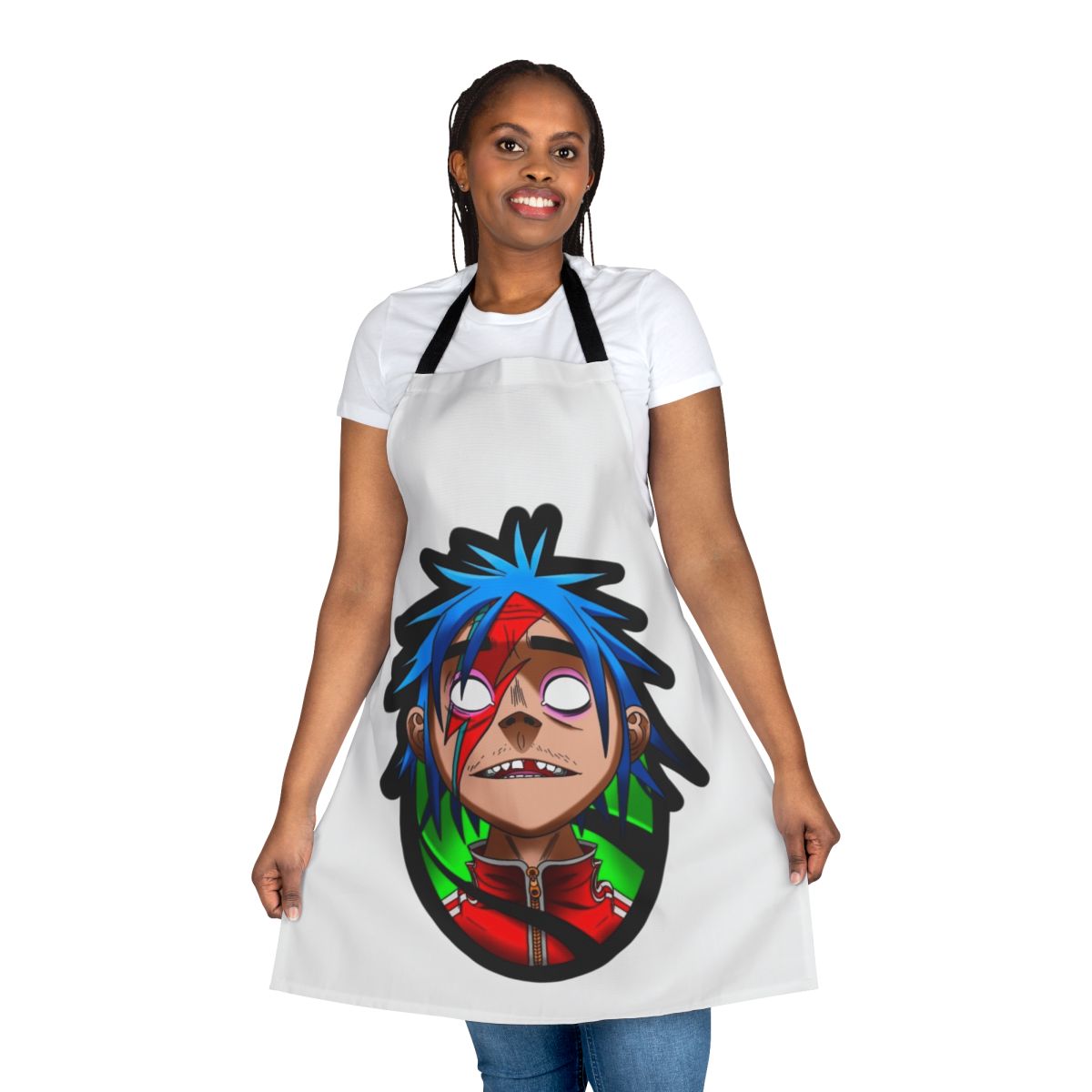 Stylish 2D apron featuring a pop art design inspired by musicians like David Bowie and Gorillaz.