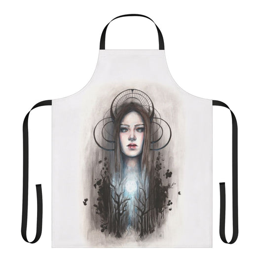 Artistic acrylic and ink painting of the Greek goddess Artemis on an apron