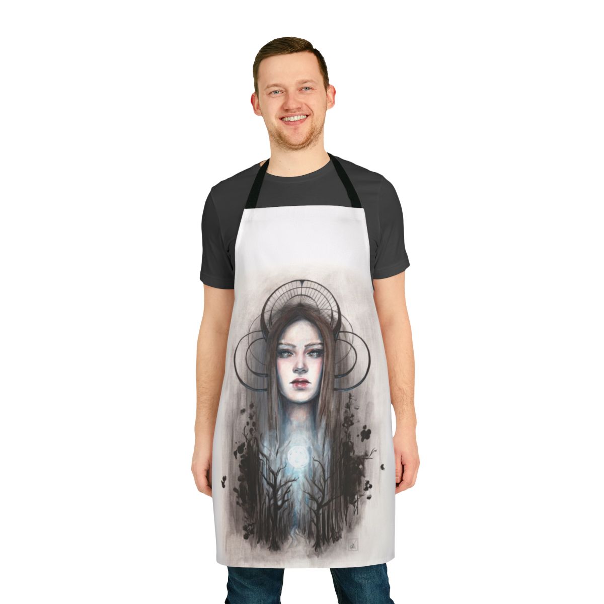Artistic acrylic and ink painting of the Greek goddess Artemis on an apron